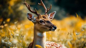 A deer stands gracefully in a golden field its antlers catching sunlight a serene moment in the wild scenery photo
