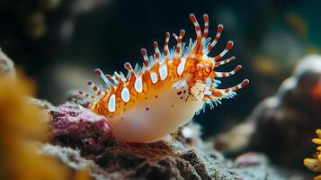 Vibrant sea slug with intricate orange red and white markings dwelling among colorful coral reefs photo