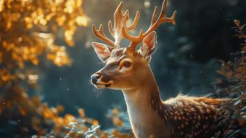 A majestic stag stands in dappled sunlight filtering through golden autumn foliage showcasing nature's beauty and serenity photo