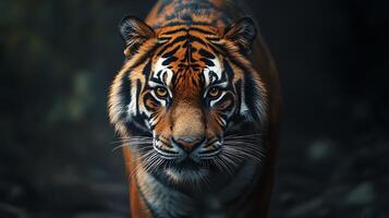 A majestic tiger emerges from the shadows its piercing gaze fixed on the viewer radiating power and intensity photo