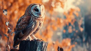 A majestic owl perched on a tree stump against a warm backdrop of fall colors illuminated by soft natural light photo