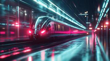 Sleek futuristic train speeds through station with neon lights illuminating the path Travel fast into tomorrow photo