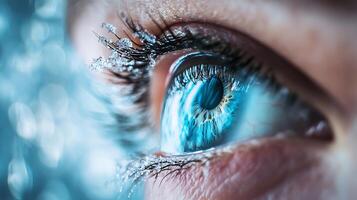 Close-up of a striking blue eye with frosty eyelashes capturing a mesmerizing look Detailed eye with a frozen touch photo