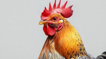 Close-up studio shot of a vibrant rooster featuring golden feathers bright red comb and a distinctive orange beak photo