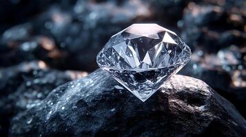 A sparkling gemstone resting on a rough rock its facets catching the light in a stunning display of brilliance photo