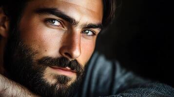 Intense gaze of a man with dark hair and a well-groomed beard creating a captivating and slightly somber portrait photo