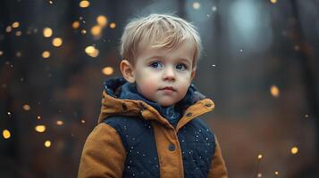 Young boy in a jacket stands against bokeh backdrop evoking wonder innocence and the quiet magic of a forest setting photo