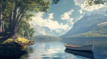 A serene lake scene features a small boat floating on calm water with majestic mountains in the background and a blue sky photo