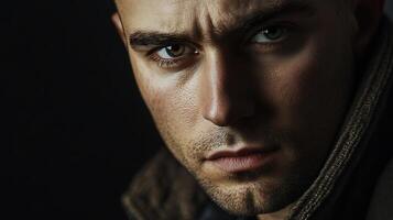 Intense gaze of a weathered man his face illuminated by dramatic lighting creating a powerful emotional portrait photo
