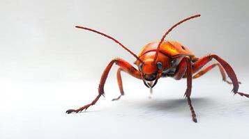 A close-up view of an orange beetle with long antennae and small eyes on a light surface Detailed textures photo