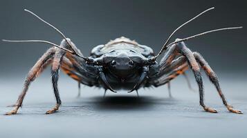 Detailed macro shot of a black insect with a menacing face prominently featuring its sharp mandibles and hairy legs photo