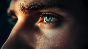 Striking closeup shot of a blue eye conveying depth and focus enhanced by dramatic lighting against a blurred background photo