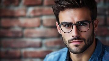 Close-up portrait of a man with glasses styled hair and stubble beard against a textured brick wall backdrop photo