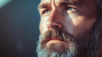Intense gaze of a mature man with a distinguished beard looking towards the light with a thoughtful expression photo