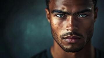 Striking close-up portrait highlighting an attractive athletic man with intense gaze and a slightly sweaty complexion photo