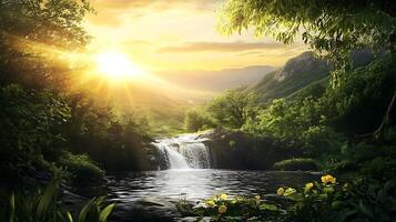 Sunlit waterfall cascades into a tranquil pool surrounded by lush greenery creating a serene and picturesque scene photo
