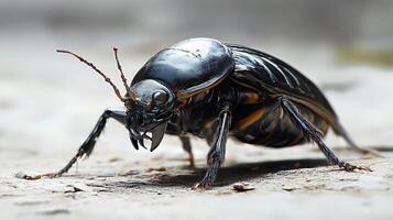 Macro shot of a beetle with intricate details and glossy exoskeleton standing on a textured surface antennae extended photo