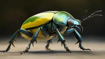 Macro photograph displays a vibrant beetle with iridescent shell showcasing intricate detail The legs and antennae standout photo