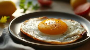 Sunny-side up egg on a plate seasoned with pepper and served with lemon and tomato slices in the background photo