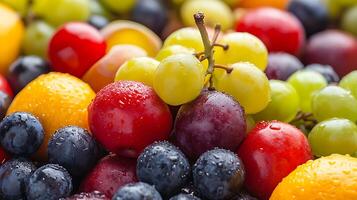 A vibrant collection of grapes berries and citrus glistening with droplets of water create a visually appealing composition photo
