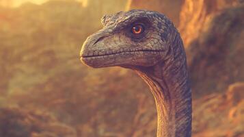 Dinosaur head shot a realistic textured creature with detailed scales and a reptilian gaze in a prehistoric landscape photo