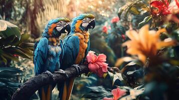 Two vibrant macaws perched on a branch surrounded by lush tropical foliage basking in the sunlight's warm glow photo