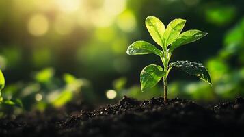 A vibrant green seedling emerges from dark soil symbolizing growth and new beginnings in a natural setting photo