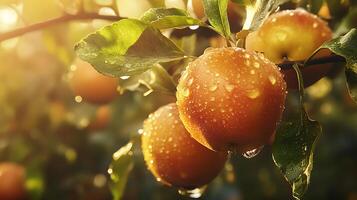 Fresh fruit on tree branch after rainfall glistens in sunlight orchard harvest Sweet juicy and healthy snacks photo