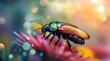 Vibrant insect perched atop a pink flower its iridescent shell reflecting light creating a magical scene photo