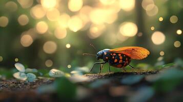 A fantastical bug with striking colors is set against a dreamy bokeh backdrop making it a delightful sight photo