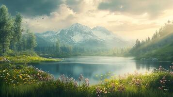 Idyllic lakeside scene with wildflowers lush trees and towering snow-capped mountains under a serene sky photo