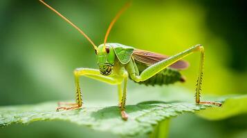 Close-up of a green grasshopper standing on a large green leaf with a blurred green background in the background photo