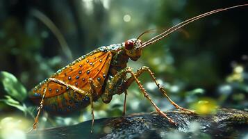 Colorful insect with orange wings and blue spots resting on a branch in a lush green forest on a summer day photo