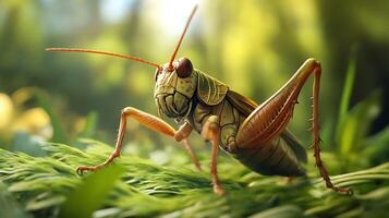 Close-up of a grasshopper resting on vibrant green foliage The grasshopper is textured and intricately detailed photo