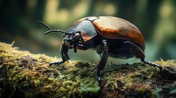 A large brown beetle rests on a moss-covered branch showcasing its detailed exoskeleton and intricate features photo