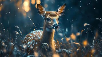Young deer stands alert in a field of tall grass its spotted coat blending with the warm and cool-toned foliage photo