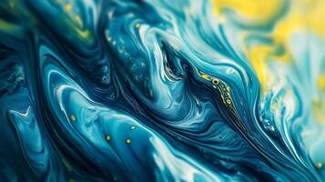 Abstract flowing paint mixture of blues white and yellow with a soft focus perspective Artistic expression photo