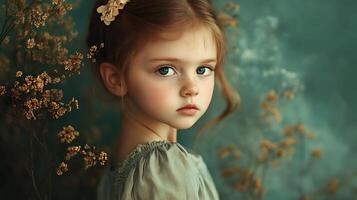 Portrait of a young girl with flowers in her hair posing with a serene expression against a floral backdrop photo
