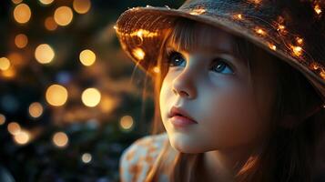 A child adorned with a decorative sunhat gazing towards the lights with wonder captured in a softly focused portrait photo