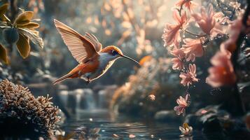 A hummingbird with orange and white feathers is in flight near water and flowers in a serene nature setting photo