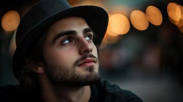 Portrait of a contemplative man with a hat gazing upwards against a backdrop of softly blurred lights photo