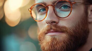 Close-up of a man with a ginger beard and stylish round glasses looking directly at the camera with a gentle expression photo