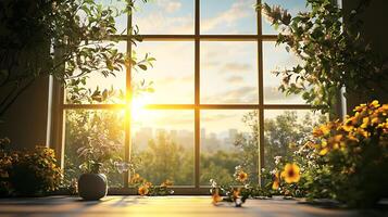 Sunlit window view of a cityscape framed by vibrant flowers and greenery bringing nature indoors with a sense of peace photo