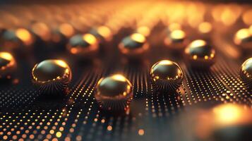 Golden spheres on a dotted surface reflecting light create an abstract futuristic and elegant design Shimmers of light photo