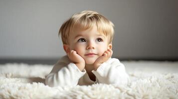 Adorable toddler gazing upwards while resting on a soft fluffy rug in a serene setting bathed in gentle light photo