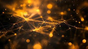 Abstract network of glowing golden lines and orbs Dark background with beautiful bokeh A connected radiant design photo