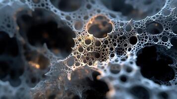 Abstract cellular structure with intricate interconnected holes and contrasting dark voids illuminated by soft light photo