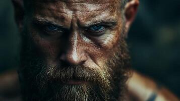 A weathered man's intense gaze reveals grit and determination His face is etched with experience eyes burning into viewer photo