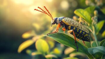 Close-up of a colorful bug perched on a green leaf basking in the sunlight of a bright natural outdoor setting photo