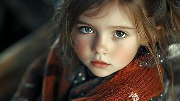 Young girl with captivating eyes wrapped in a cozy scarf A portrait capturing innocence and warmth in a serene setting photo